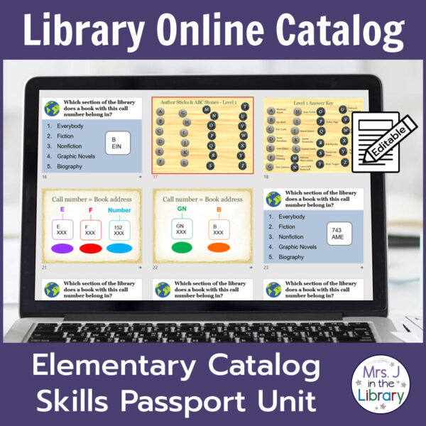 Library Online Catalog title text with Elementary Catalog Skills Passport Unit text on bottom. Screenshot of 9 tiled call number slides on laptop screen.