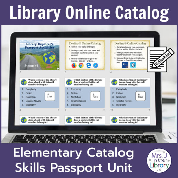 Library Online Catalog title text with Elementary Catalog Skills Passport Unit text on bottom. Screenshot of 9 tiled call number slides on laptop screen.