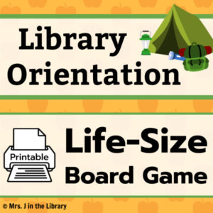 Text box reading Library Orientation next to tent illustration and Life-Size Board Game next to printer icon on an orange apple background.