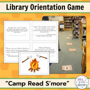 Text boxes reading Library Orientation Game and Camp Read S'more with photo of game spaces on library floor and screenshot of text clue cards.
