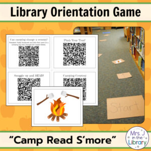 Text boxes reading Library Orientation Game and Camp Read S'more with photo of game spaces on library floor and screenshot of clue QR cards.