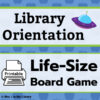 Text box reading Library Orientation next to spaceship illustration and Life-Size Board Game next to printer icon on blue apple background.