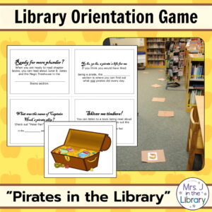 Text boxes reading Library Orientation Game and Pirates in the Library with photo of game spaces on library floor and screenshot of clue cards.