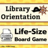Text box reading Library Orientation next to pirate hat clip art and Life-Size Board Game next to a printer icon on a yellow apple background.