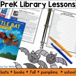 Binder of product table of contents and book list with text: bats, books, fall, pumpkins, school.