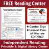 Center sign screenshots with FREE Reading Center above, All files are EDITABLE on side, and Independent Reading Printable & Digital Library Center below.