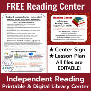 Center sign screenshots with FREE Reading Center above, All files are EDITABLE on side, and Independent Reading Printable & Digital Library Center below.