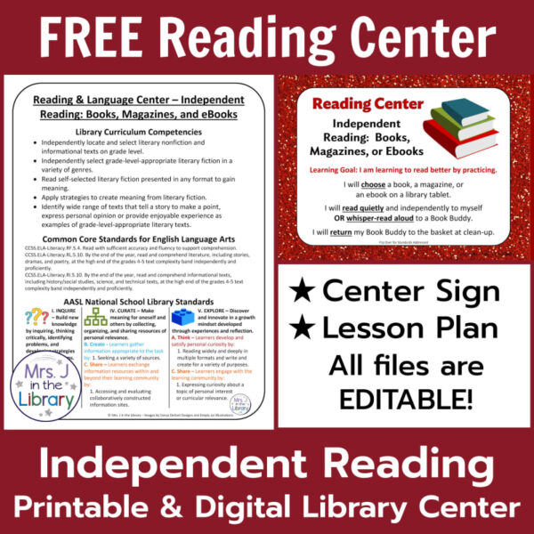 Center sign screenshots with FREE Reading Center above, All files are EDITABLE on side, and Independent Reading Printable & Digital Library Center below.