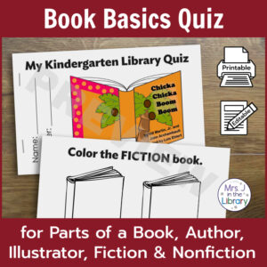 Screenshots of cover and blank template of fiction page in My Kindergarten Library Quiz booklet. Printable and editable icons on side.