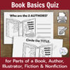 Screenshots of Who Are the 2 Authors and Circle the Title pages from Book Basics Quiz. Printable and editable icons on side.