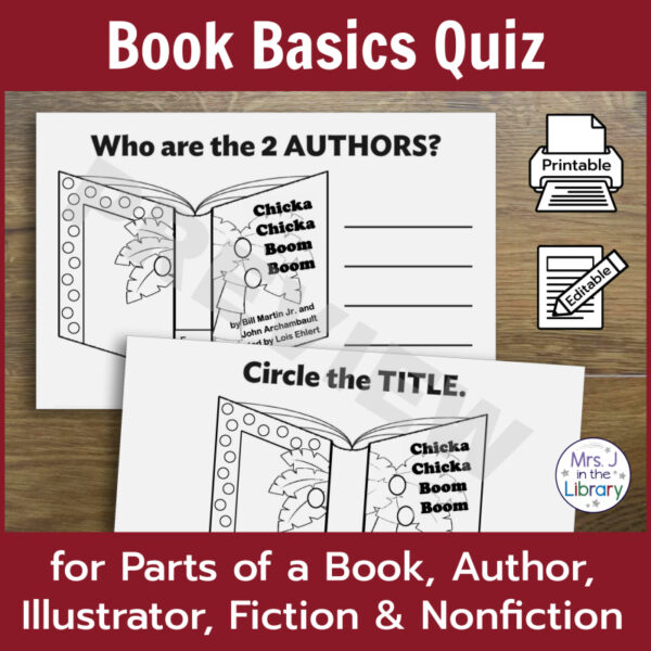 Screenshots of Who Are the 2 Authors and Circle the Title pages from Book Basics Quiz. Printable and editable icons on side.