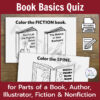 Screenshots of Color the FICTION book and Color the SPINE pages from Book Basics Quiz. Printable and editable icons on side.
