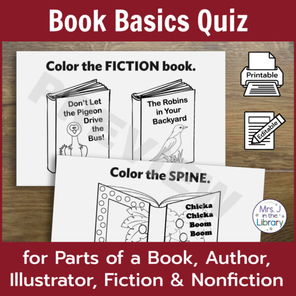 Screenshots of Color the FICTION book and Color the SPINE pages from Book Basics Quiz. Printable and editable icons on side.