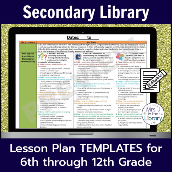 Secondary Library Lesson Plan Templates for 6th through 12th Grades. Screenshots of template documents with icons to denote product is editable.
