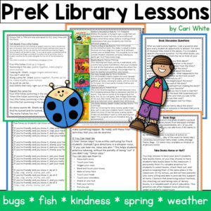 6 pages of activities, songs, discussion questions, and book lists with text: bugs, fish, kindness, spring, weather.