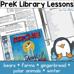 Binder of product table of contents and book list with text: bears, farms, gingerbread, polar animals, winter.