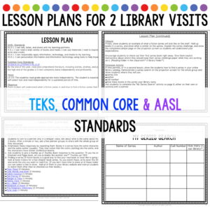 Screenshots of 3 pages of Lesson Plans and My Series Search behind Teks, Common Core & ASL Standards text block. Lesson Plans for 2 Library Visits text along top.