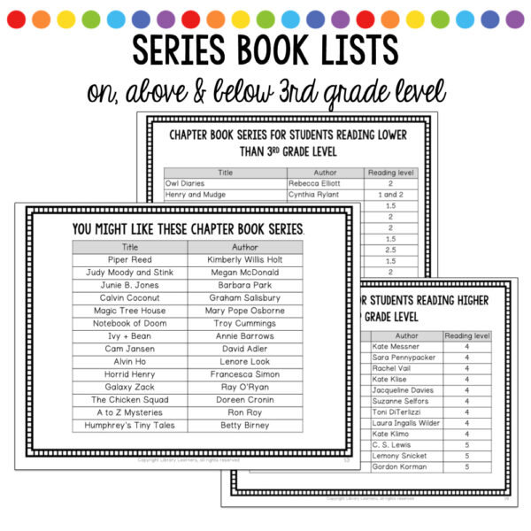 Screenshots of 3 series book lists layered on top of each other. Title text reads Series Book Lists On Above & Below 3rd Grade Level.