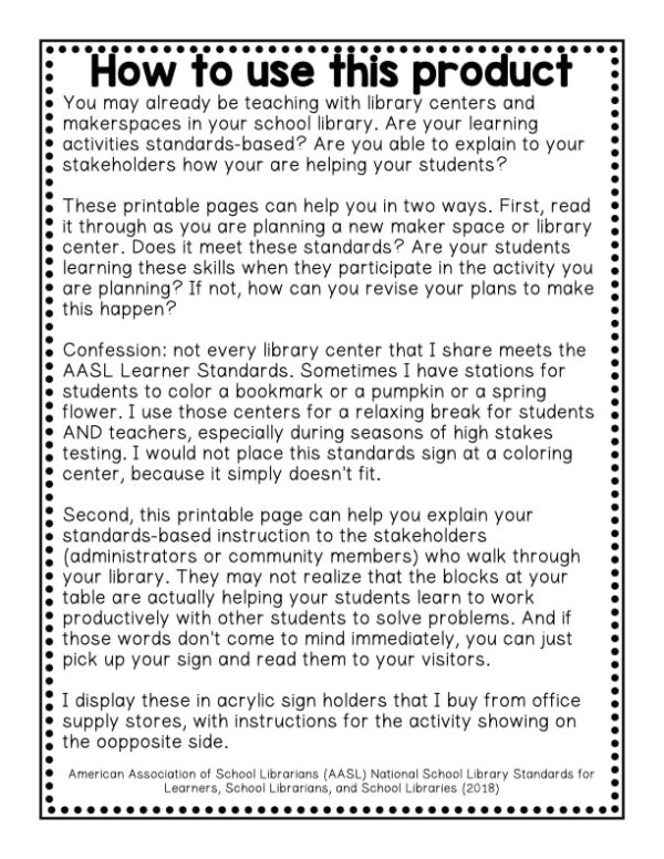 Screenshot of How to use this product sheet from AASL Learner Standards for Makerspaces and Library Centers Printable.