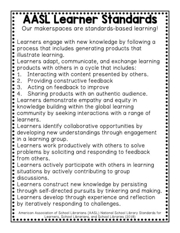 Screenshot of AASL Learner Standards for makerspaces from Makerspaces and Library Centers Printable.