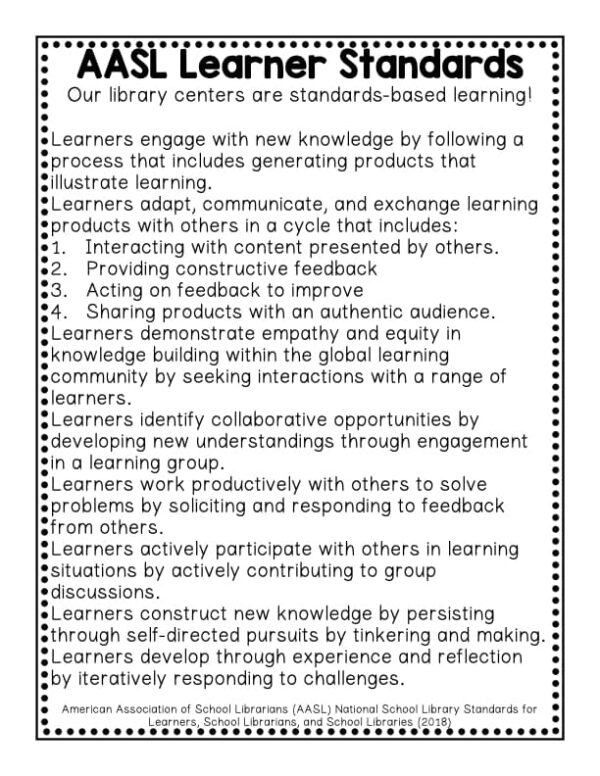 Screenshot of AASL Learner Standards for library centers from Makerspaces and Library Centers Printable.