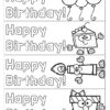 Screenshot of 4 printable bookmarks to color with Happy Birthday text and cartoon drawings of three balloons, a slice of cake, a candle and a gift box.