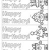 Screenshot of 4 printable bookmarks to color with Happy Birthday text and cartoon drawings of a birthday cake, a cupcake, a party hat and a gift box.