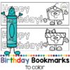 Screenshot of 2 printable bookmarks to color with Happy Birthday text and cartoon drawings of a slice of cake and a gift box.