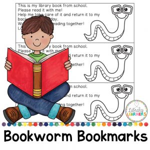 Screenshot of 3 black and white bookworm bookmarks on library book care. Cartoon drawing of boy sitting reading a book sitting over bookmarks.