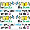Screenshot of 4 printable The books miss you and so do I! postcards on white background. The top of each postcard has a banner with green and blue book spines, a yellow open book, and pink hearts between them.