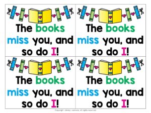Screenshot of 4 printable The books miss you and so do I! postcards on white background. The top of each postcard has a banner with green and blue book spines, a yellow open book, and pink hearts between them.