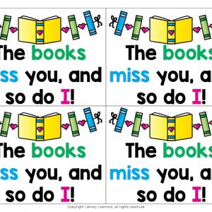 Screenshot of 4 printable The books miss you and so do I! postcards on white background. The top of each postcard has a banner with green and blue book spines, a yellow open book, and pink hearts between them.