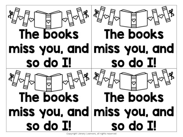 Screenshot of 4 printable The books miss you and so do I! postcards in black and white. The top of each postcard has a banner with book spines, an open book, and hearts between them.