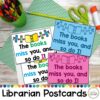 Photo of 4 The books miss you and so do I! librarian postcards. Background has green polka dot paper, green cup of crayons, green pencil, green scissors and a glue stick on a wooden table.