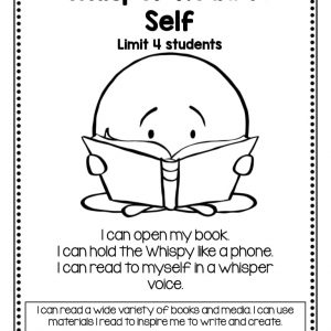 Black and white Whisper Read to Self sign with cartoon image of a circle with eyes and eyebrows sitting and holding an open book.