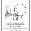 Computer Center black and white sign. Cartoon drawing of smiley circle sitting at a desk with a desktop computer, with one hand on the mouse.