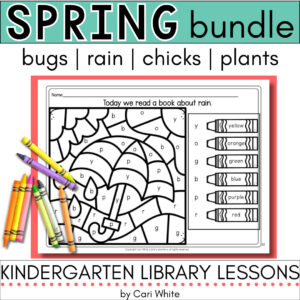 Printable worksheet activity with crayons and text: Spring bundle, bugs, rain, chicks, plants.