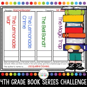 4th Grade Book Series Challenge text on bottom and drawing of child holding stack of books on right side in front of screenshot of completed form.