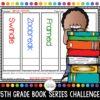 5th Grade Book Series Challenge text on bottom with colorful drawing of child standing behind stack of books on right side. Background is screenshot of completed sample with 5 book titles.