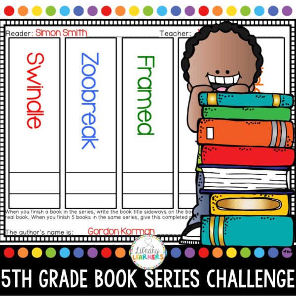 5th Grade Book Series Challenge text on bottom with colorful drawing of child standing behind stack of books on right side. Background is screenshot of completed sample with 5 book titles.