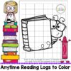 Anytime Reading Logs to Color text on bottom with colorful drawing of a girl sitting on top of stack of books on left. Screenshot of a black and white coloring page with grid lines over a cartoon drawing of a closed book with a worm on right side.