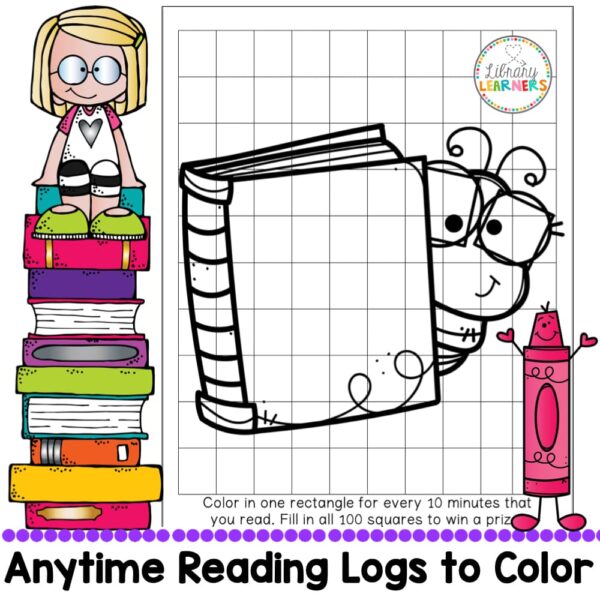 Anytime Reading Logs to Color text on bottom with colorful drawing of a girl sitting on top of stack of books on left. Screenshot of a black and white coloring page with grid lines over a cartoon drawing of a closed book with a worm on right side.