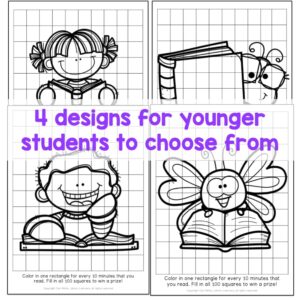 4 screenshots of black and white coloring sheets with grid lines featuring a girl holding a book, a closed book with a worm, a boy holding a book, and a butterfly holding a book. 4 designs for younger students to choose from text box across center.