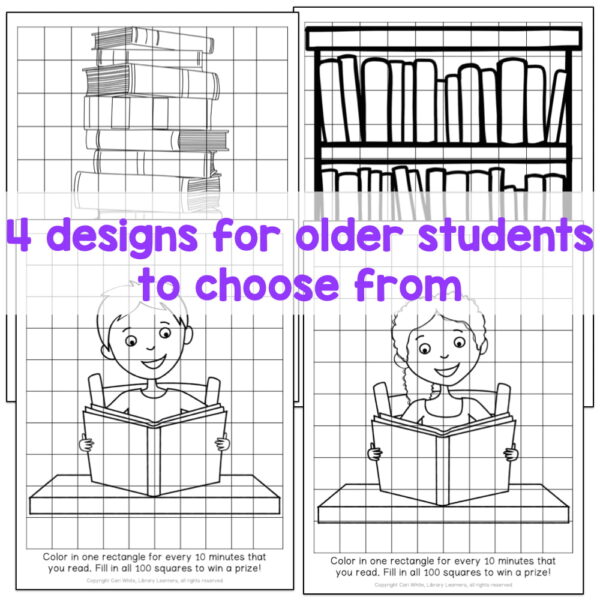 4 screenshots of black and white coloring sheets with grid lines featuring a stack of books, book spines on 3 shelves, a boy holding an open book and a girl holding an open book. 4 designs for older students to choose from text box across the center.