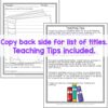 Screenshots of Teaching Tips instruction sheet for Anytime Reading Logs to Color layered over reading log page. Copy back side for list of titles. Teaching Tips included textbox across center.