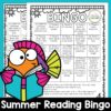 Summer Reading Bingo title across bottom with colorful cartoon drawing of a fish reading an open book on top of overlapping screenshots of two black and white Bingo boards.