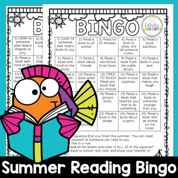 Summer Reading Bingo title across bottom with colorful cartoon drawing of a fish reading an open book on top of overlapping screenshots of two black and white Bingo boards.