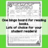 Screenshot of black and white Summer Reading Bingo board with One bingo board for reading books. Lots of choice for your student readers! text across middle. Neon green background.