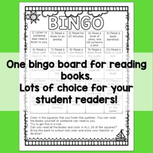 Screenshot of black and white Summer Reading Bingo board with One bingo board for reading books. Lots of choice for your student readers! text across middle. Neon green background.
