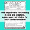 Screenshot of black and white Summer Reading Bingo board with One bingo board for reading books and chapters. Again, plenty of choice for your student readers! text across middle. Bright aqua background.